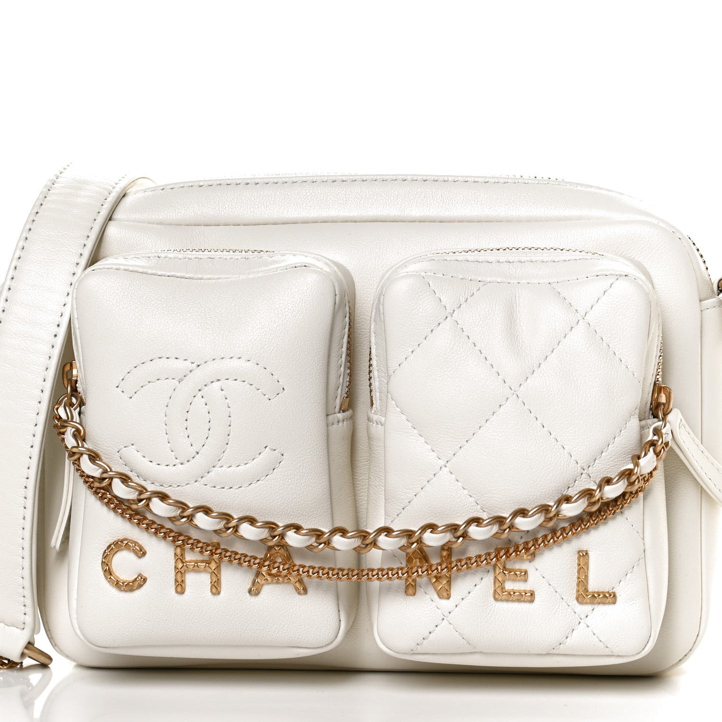 Calfskin Quilted Small Camera Case White