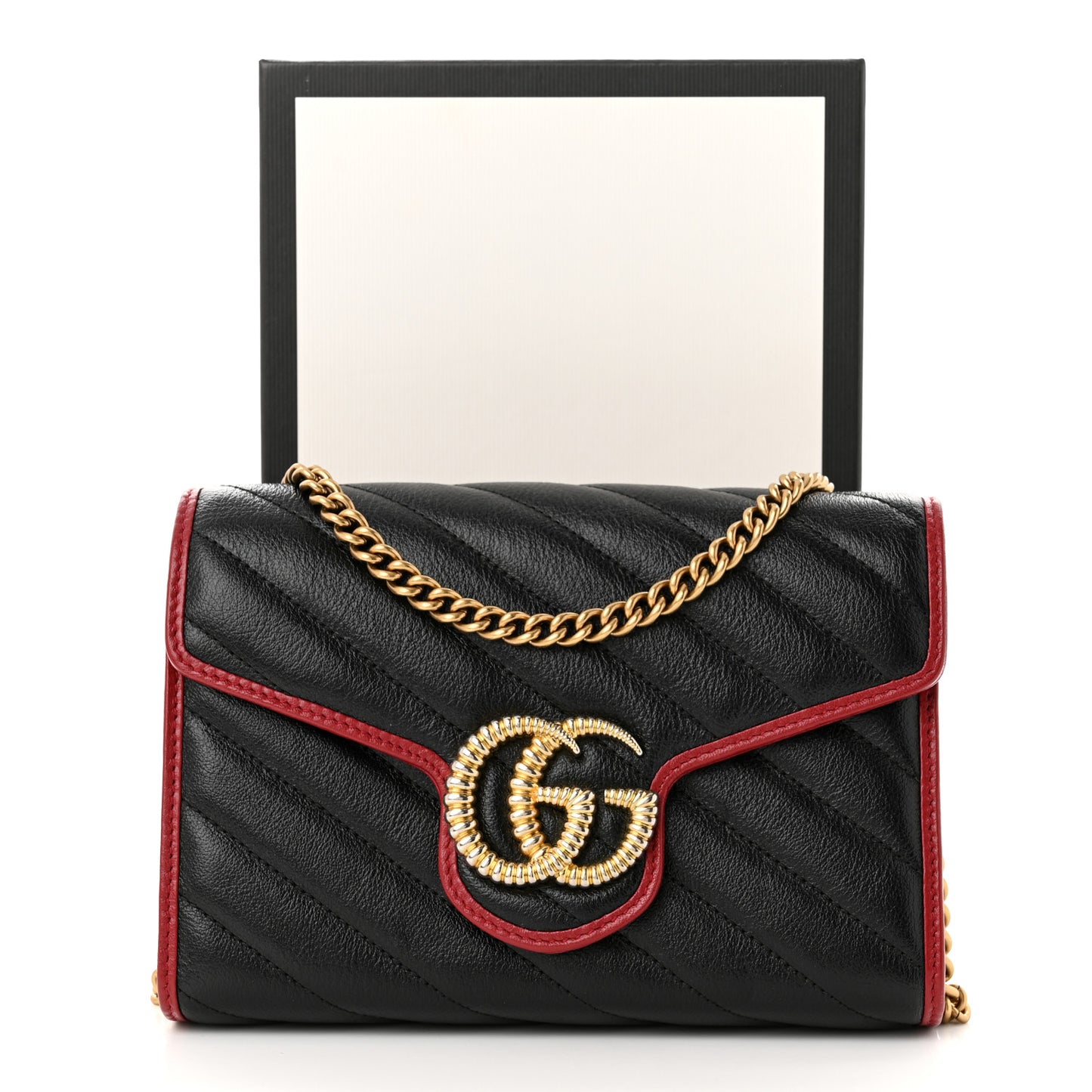 Vintage Effect Calfskin Matelasse Diagonal Torchon GG Marmont Chain Wallet Black Romantic Cherry