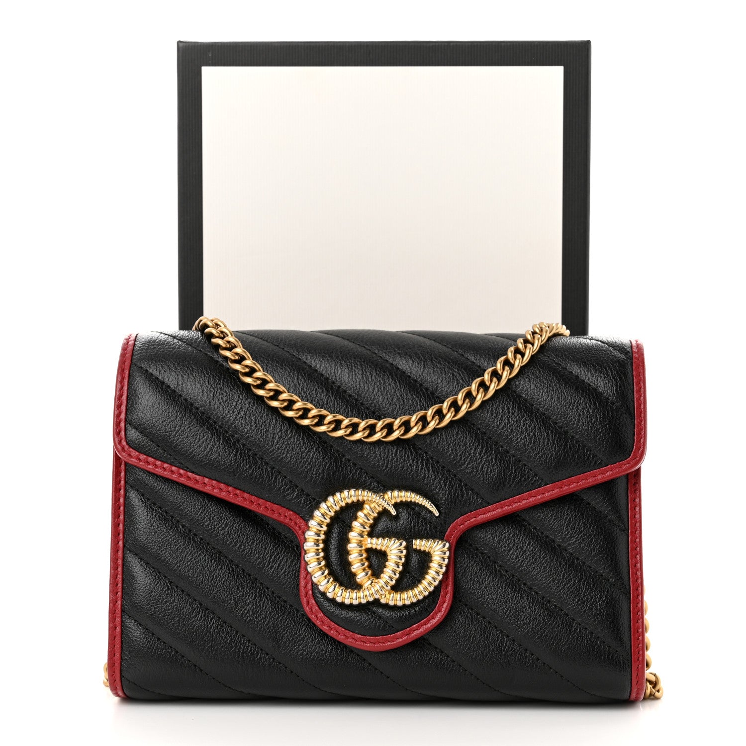 Gucci Vintage Effect Calfskin Matelasse Diagonal Torchon GG Marmont Chain Wallet Black Romantic Cherry 11 of 11