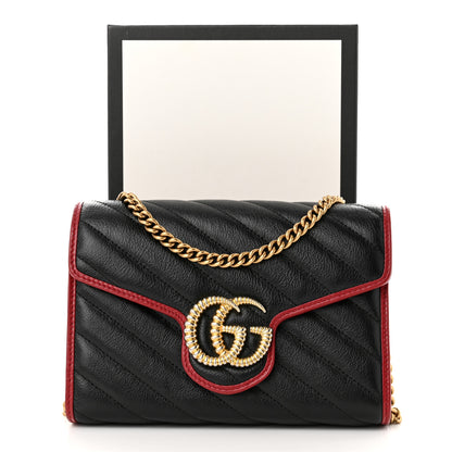 Gucci Vintage Effect Calfskin Matelasse Diagonal Torchon GG Marmont Chain Wallet Black Romantic Cherry 11 of 11