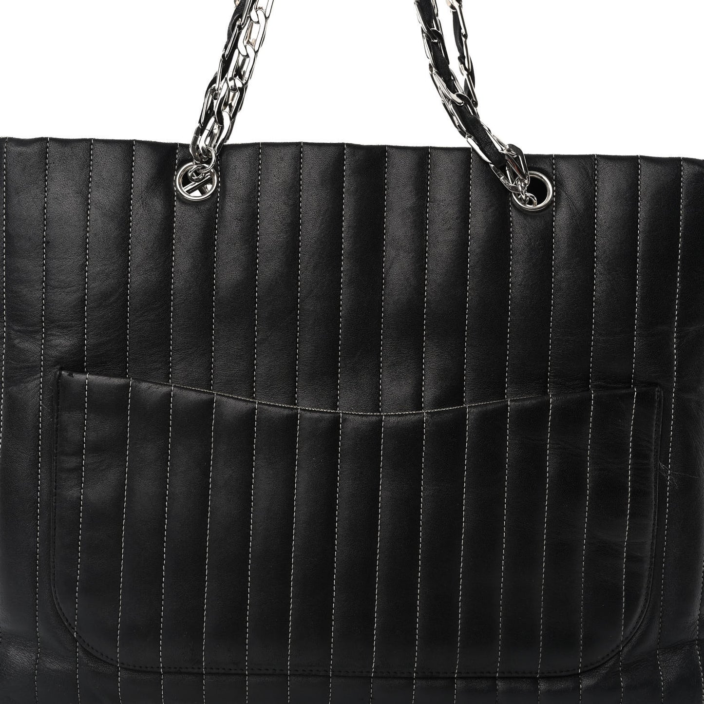 Lambskin Vertical Quilted Large Mademoiselle Tote Black