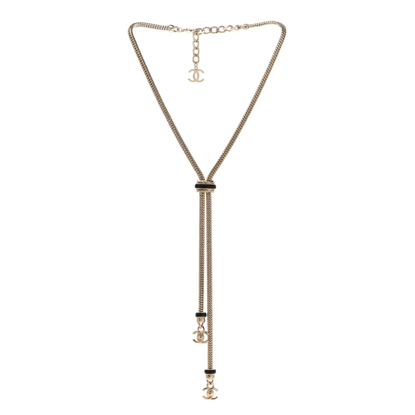 Metal Lambskin CC Turnlock Lariat Necklace Black Gold