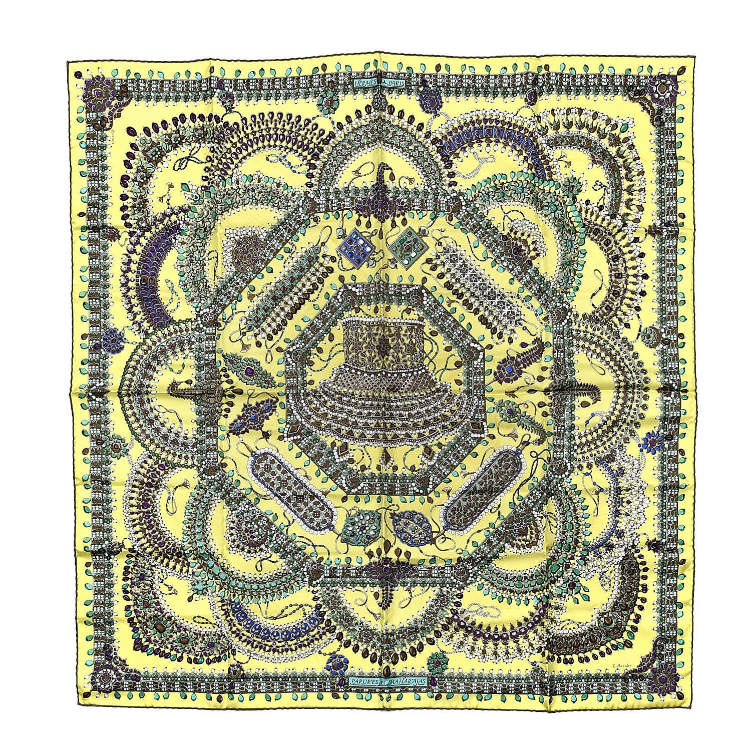 Hermes Silk Parures Des Maharajas Scarf 90 Jaune Fluo Vert Violet 1 of 4