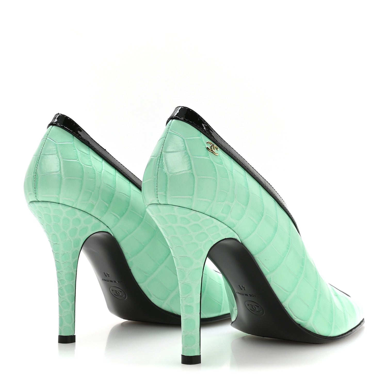 Chanel Crocodile Embossed Patent Calfskin Pumps 41 Green Black