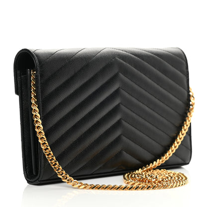 Saint Laurent Grain De Poudre Matelasse Chevron Monogram Chain Wallet Black 3 of 15