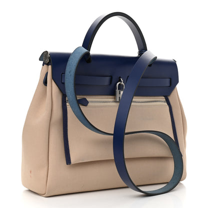 Hermes Military Toile Vache Hunter Herbag Zip 31 PM Bleu De France Ecru 4 of 14