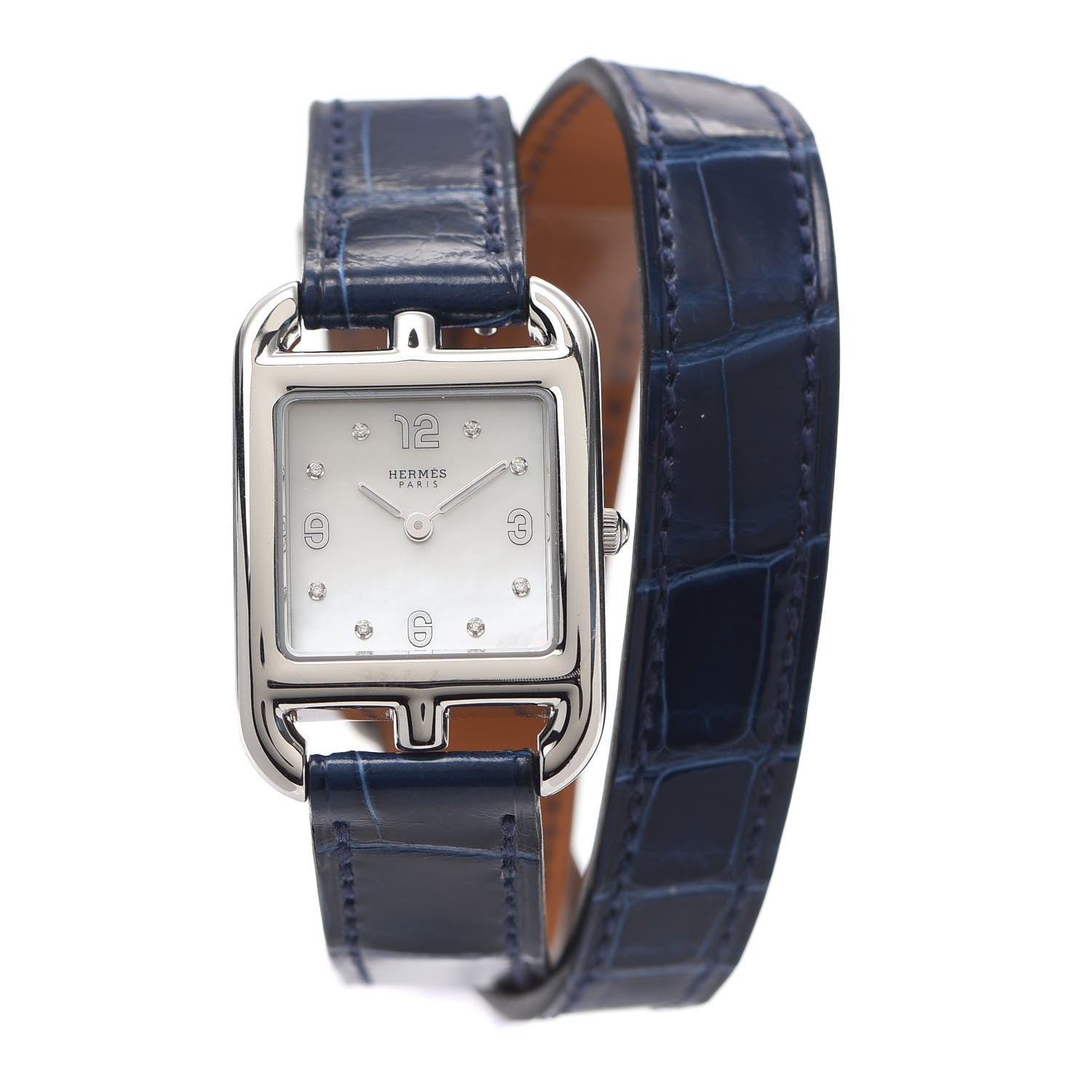 Hermes Stainless Steel Alligator Diamond Mother of Pearl 23mm Cape Cod Double Tour Quartz Watch Bleu Saphir 1 of 5