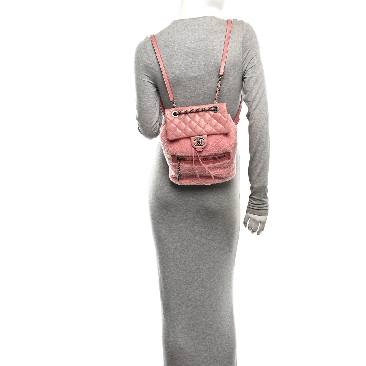 Glazed Calfskin Shearling Quilted Small Mountain Backpack Pink