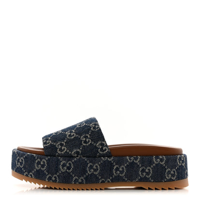 Gucci New Denim GG Monogram Angelina Platform 55mm Slide Sandals 36.5 Blue Tea 1 of 8
