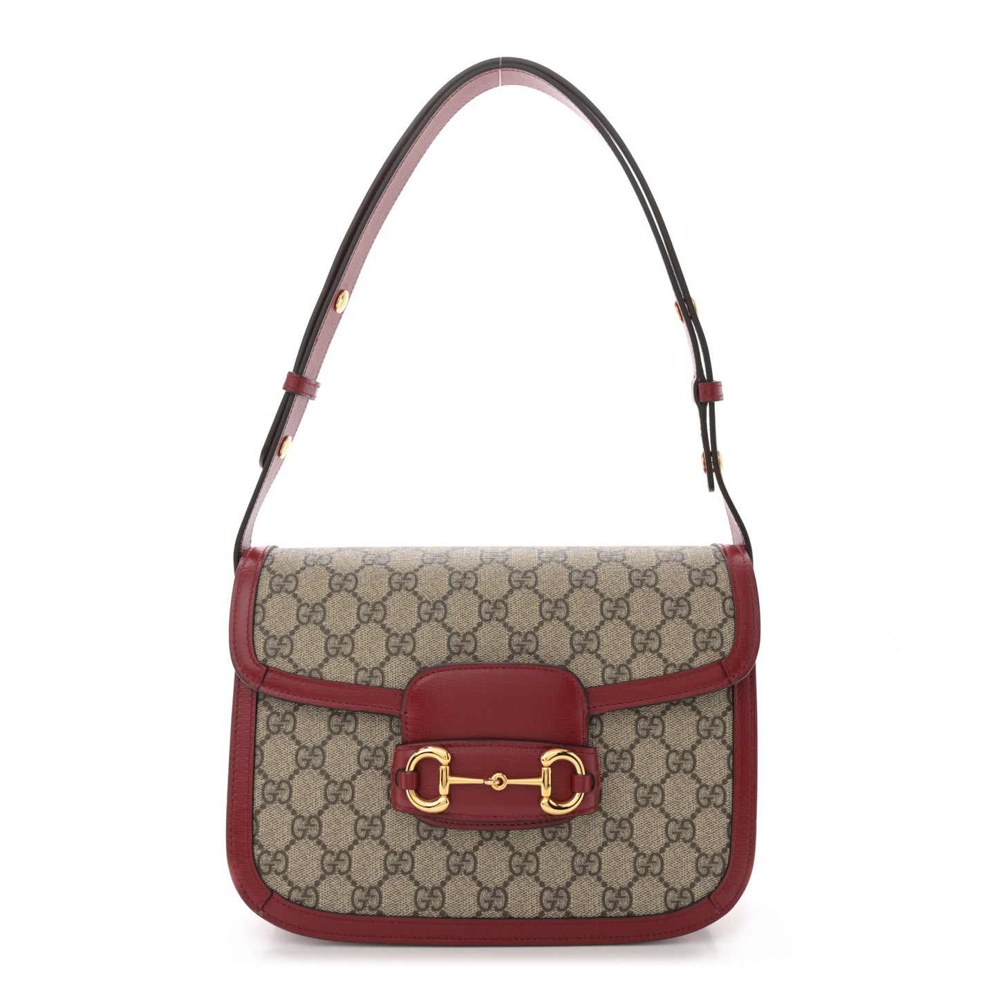 GG Supreme Monogram Azalea Calfskin Horsebit 1955 Shoulder Bag Beige Ebony New Cherry Red