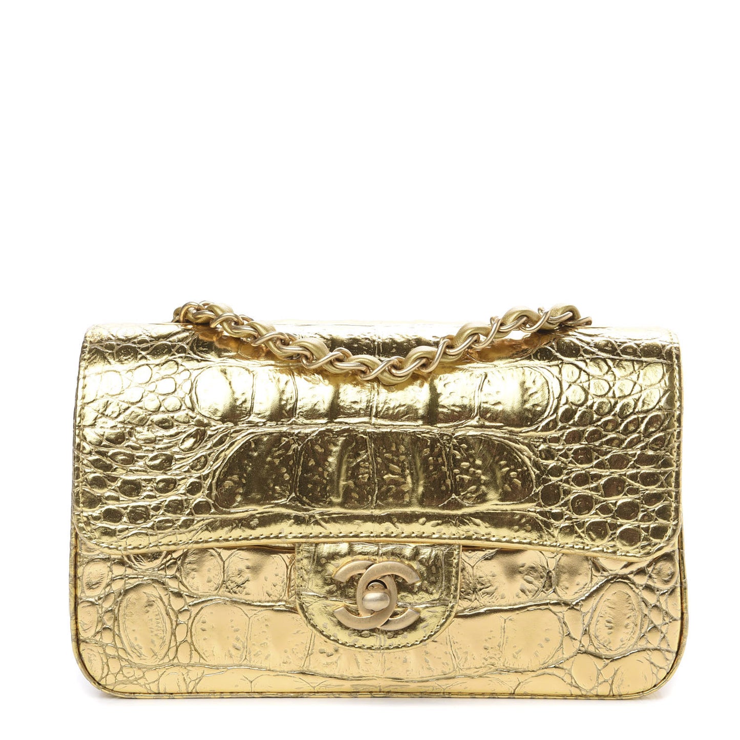 Metallic Calfskin Crocodile Embossed Cocodile Rectangular Mini Flap Gold