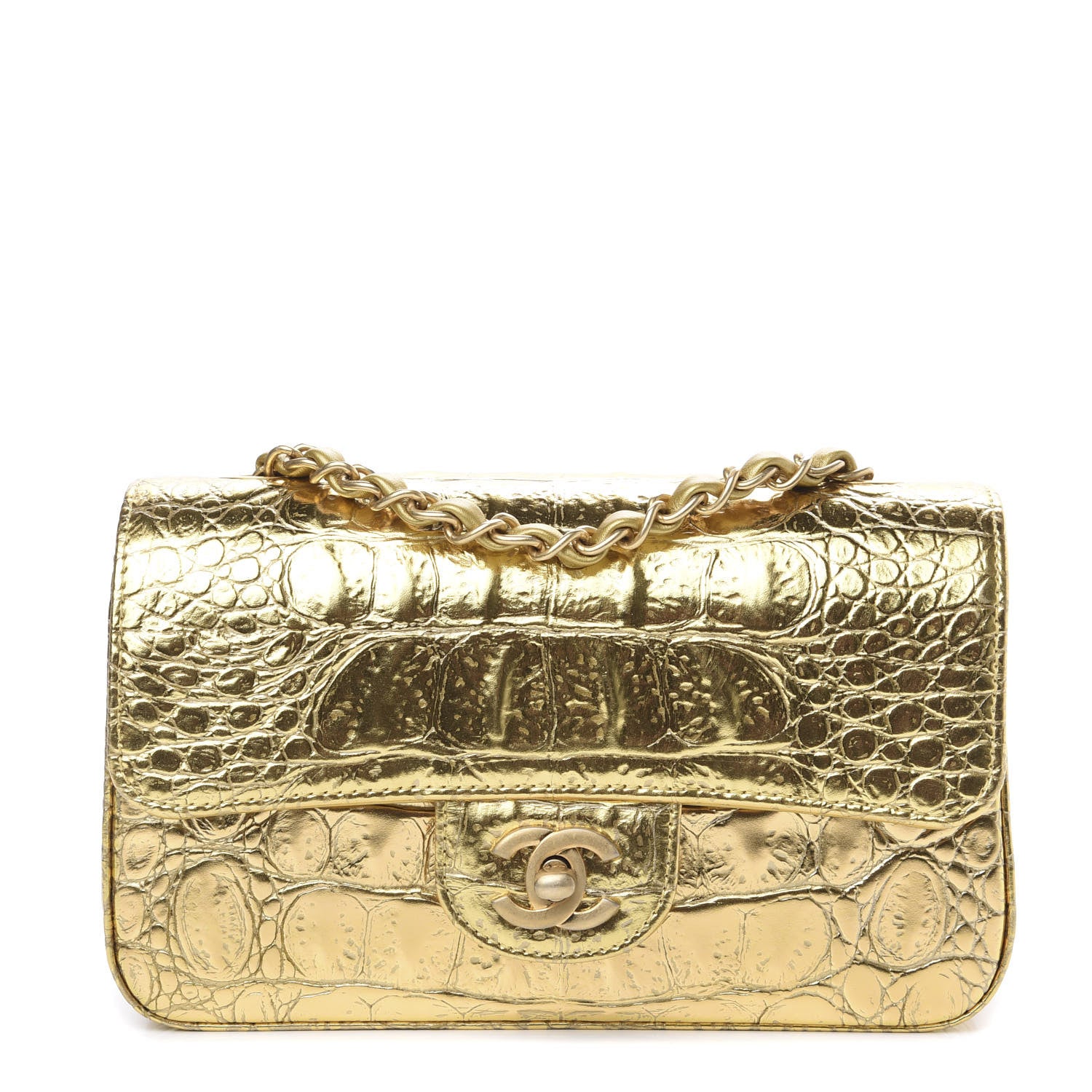 Chanel Metallic Calfskin Crocodile Embossed Cocodile Rectangular Mini Flap Gold 1 of 11
