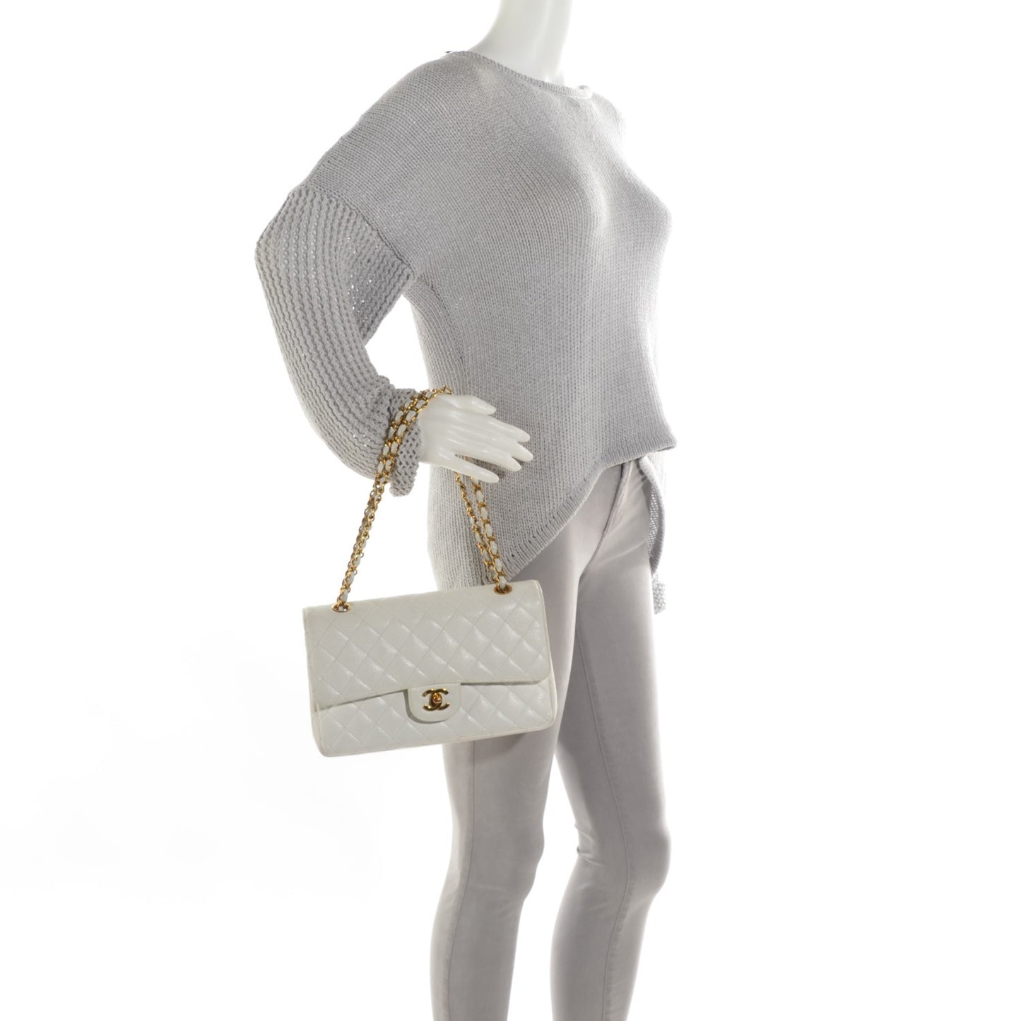 Caviar Quilted Medium Double Flap White
