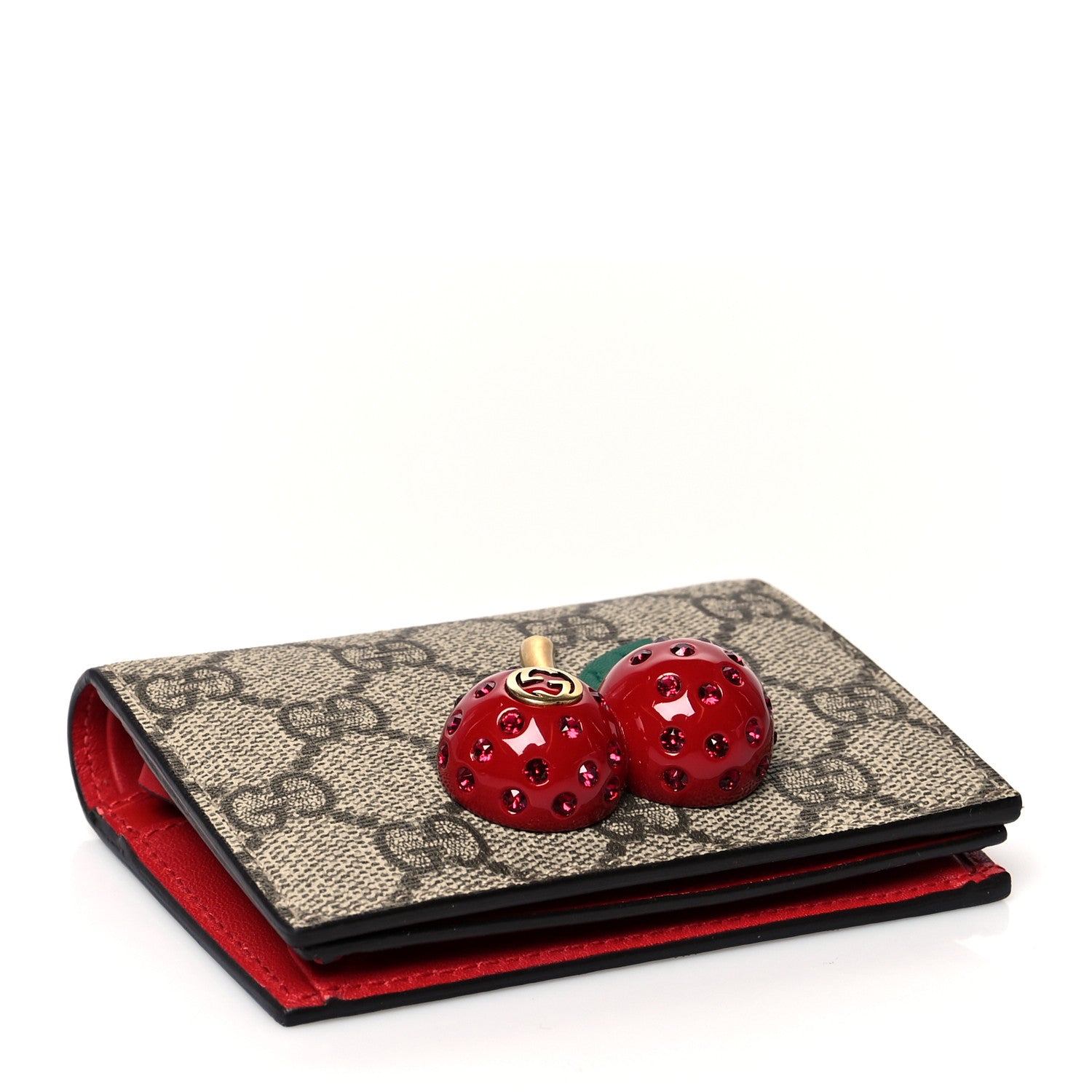 Gucci GG Supreme Monogram Cherry Embellished Card Case Wallet Hibiscus Red 4 of 8