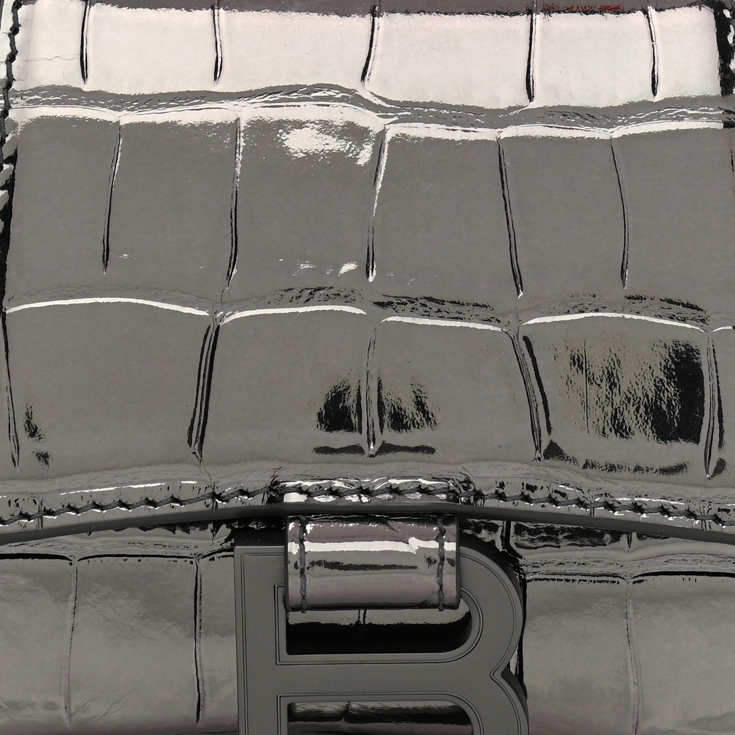 Shiny Calfskin Crocodile Embossed Hourglass Top Handle Bag XS Gunmetal
