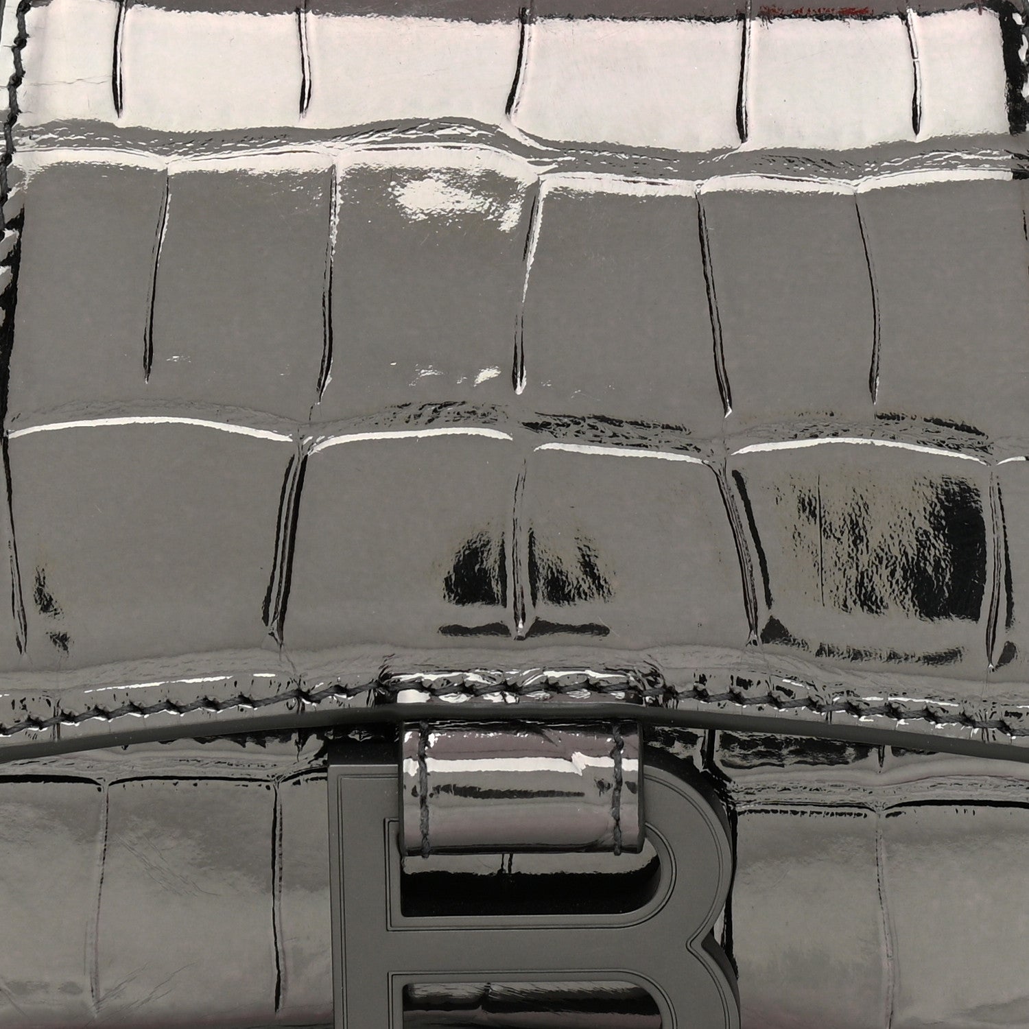 Balenciaga Shiny Calfskin Crocodile Embossed Hourglass Top Handle Bag XS Gunmetal 8 of 11