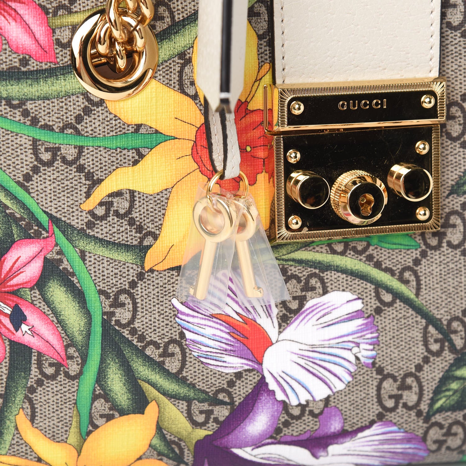 Gucci GG Supreme Monogram Flora Textured Calfskin Small Padlock Tote Beige Ebony Multicolor Mystic White 12 of 12