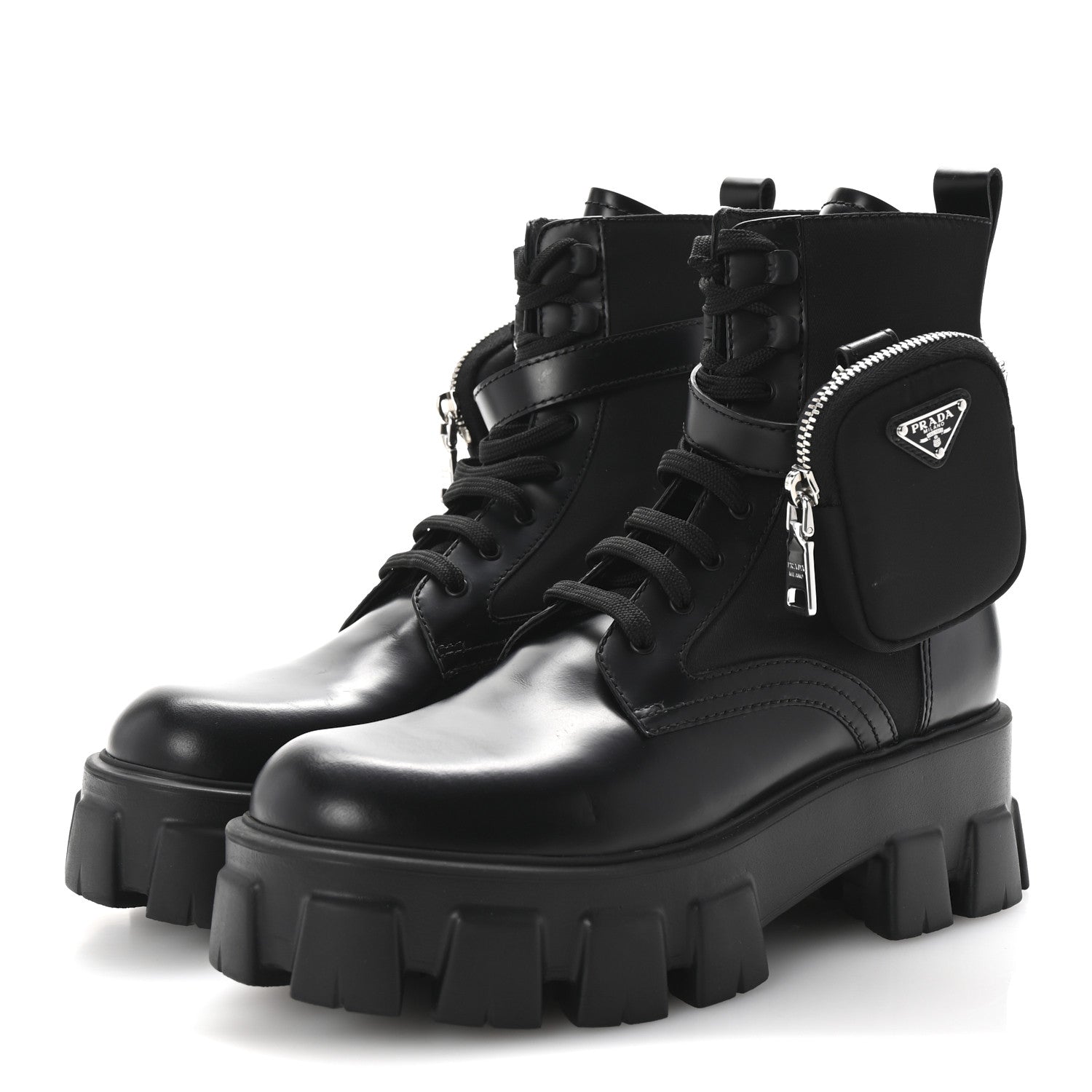 Prada Spazzolato Rois Re-Nylon Metal Triangle Logo Monolith Pouch Pocket 55mm Boots 38.5 Black 4 of 9