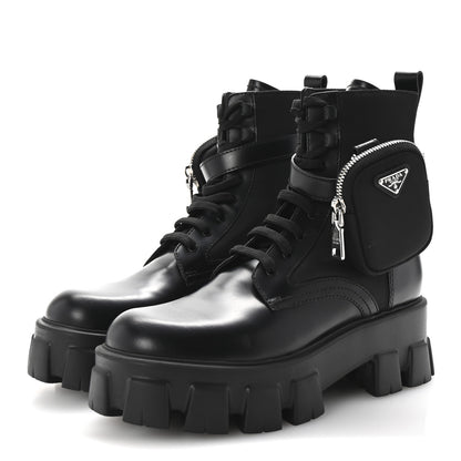 Prada Spazzolato Rois Re-Nylon Metal Triangle Logo Monolith Pouch Pocket 55mm Boots 38.5 Black 4 of 9