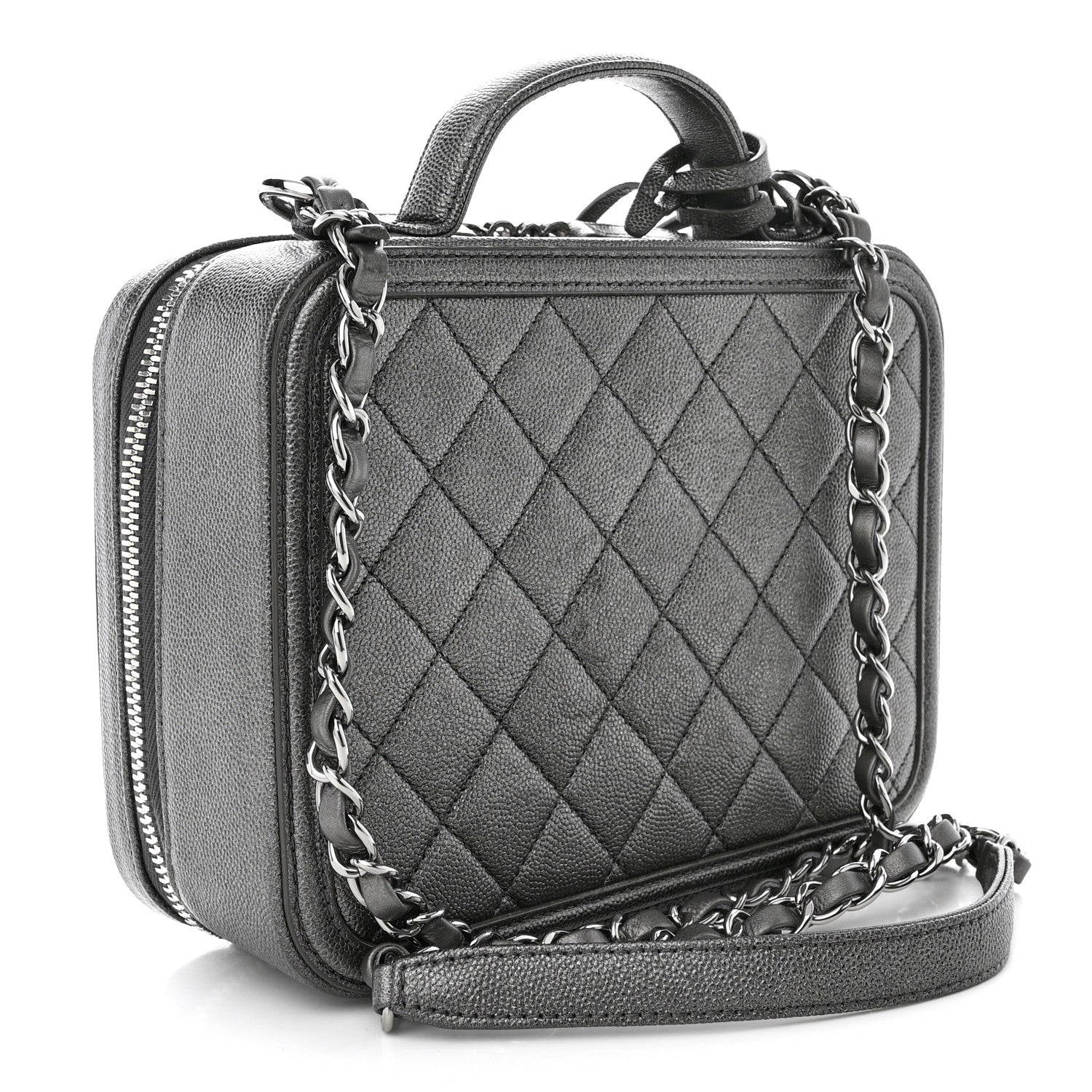 Chanel Metallic Caviar Quilted Medium CC Filigree Vanity Case Dark Silver 3 of 11