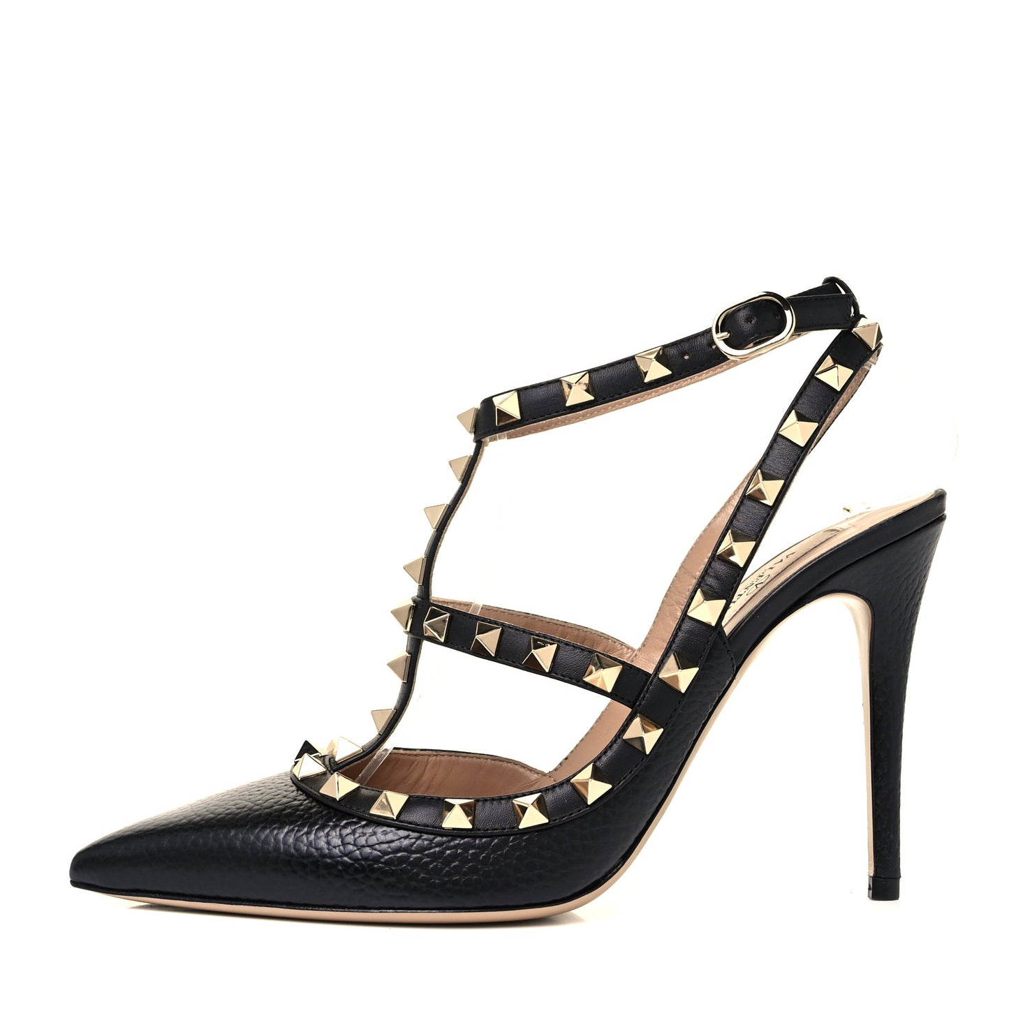 Pebbled Calfskin Rockstud Ankle Strap Pumps 37.5 Black