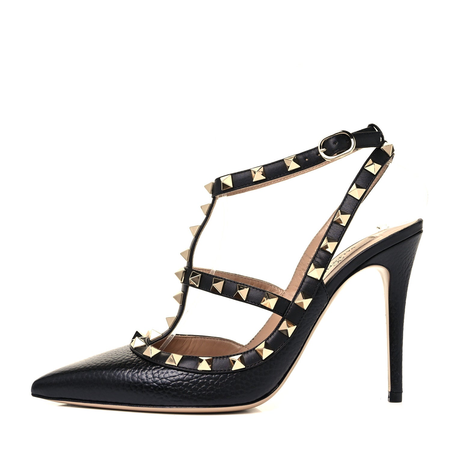 Valentino Garavani Pebbled Calfskin Rockstud Ankle Strap Pumps 37.5 Black 1 of 8