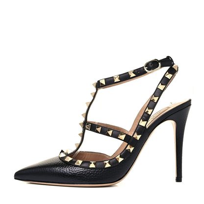 Valentino Garavani Pebbled Calfskin Rockstud Ankle Strap Pumps 37.5 Black 1 of 8