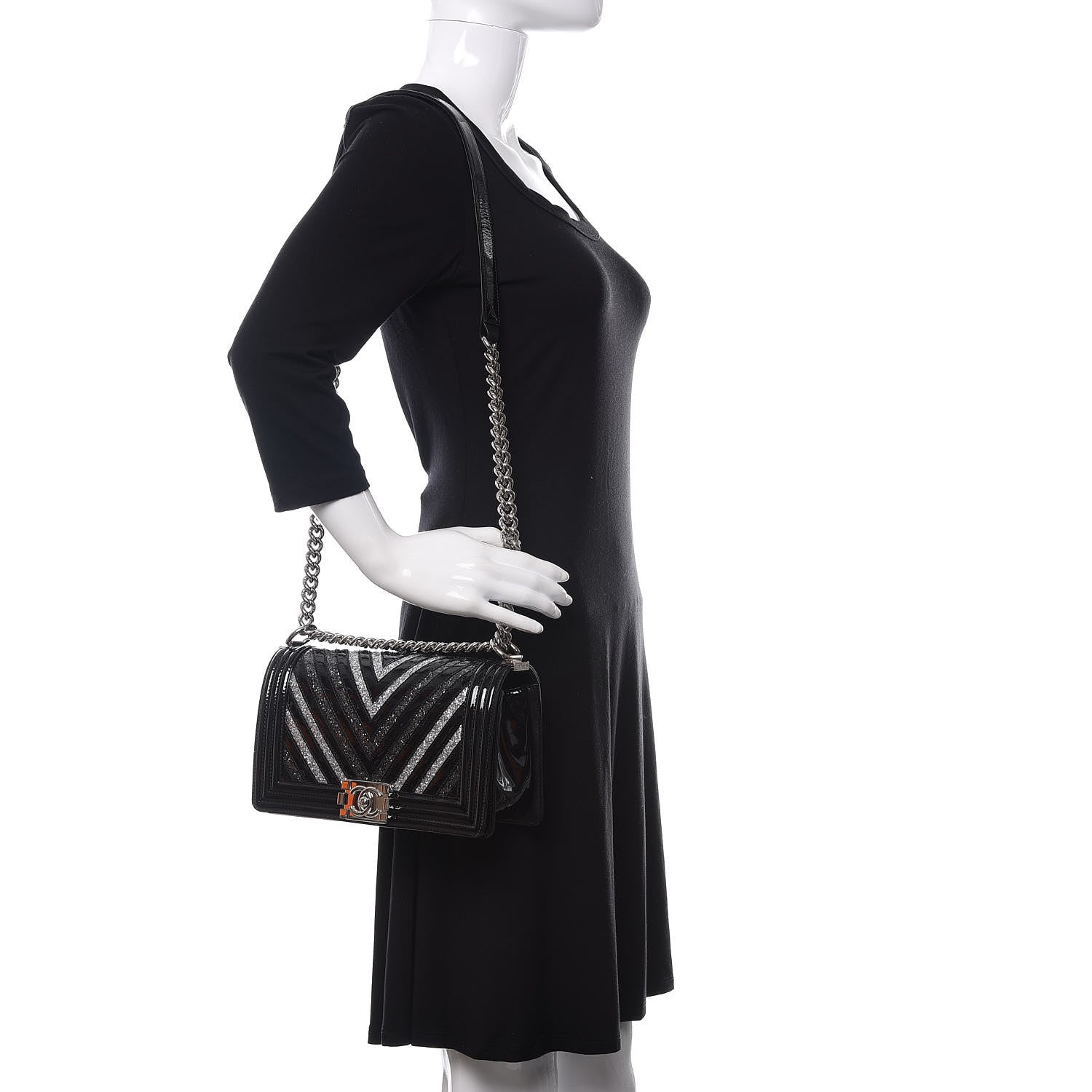 Chanel Patent Glitter PVC Chevron Quilted Medium Boy Flap Black Silver 2 of 13
