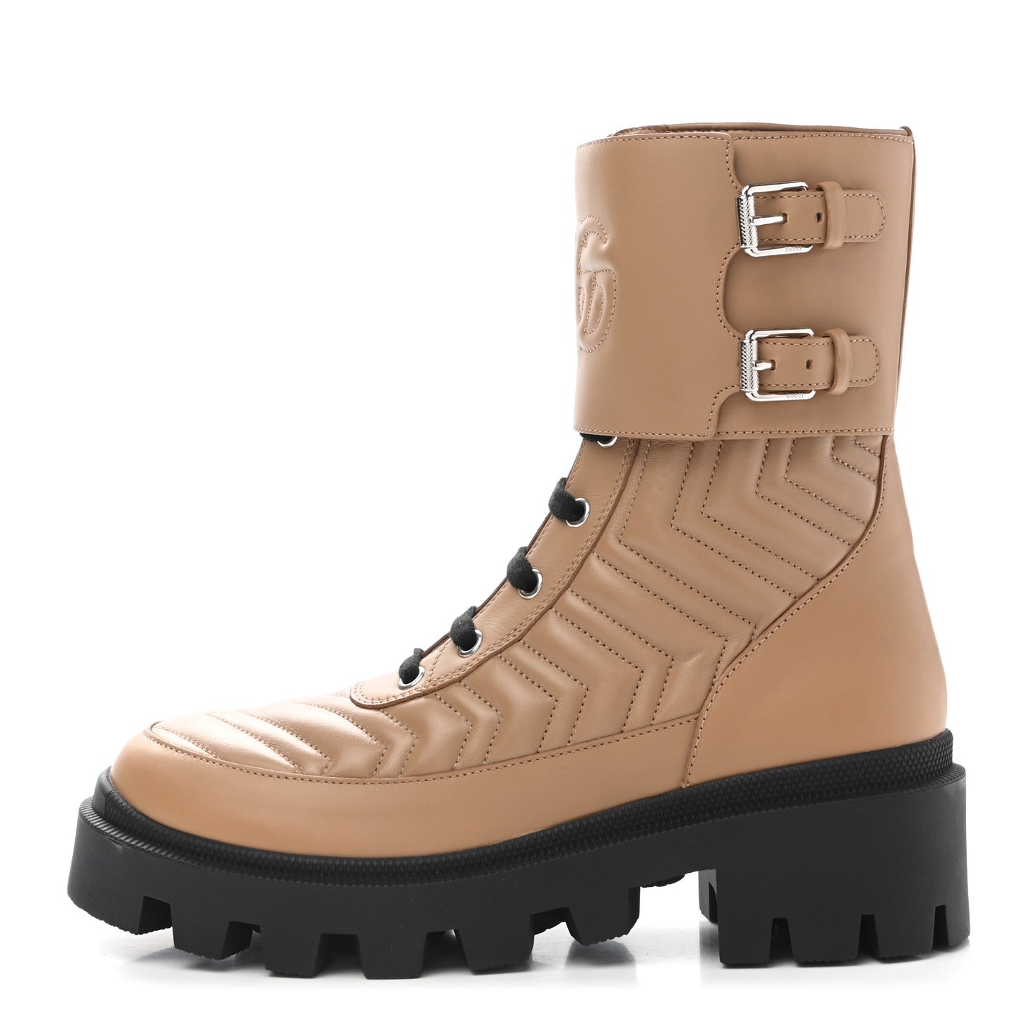 Nappa Frances GG Matelasse Platform Combat Boots 38 Natural Tan
