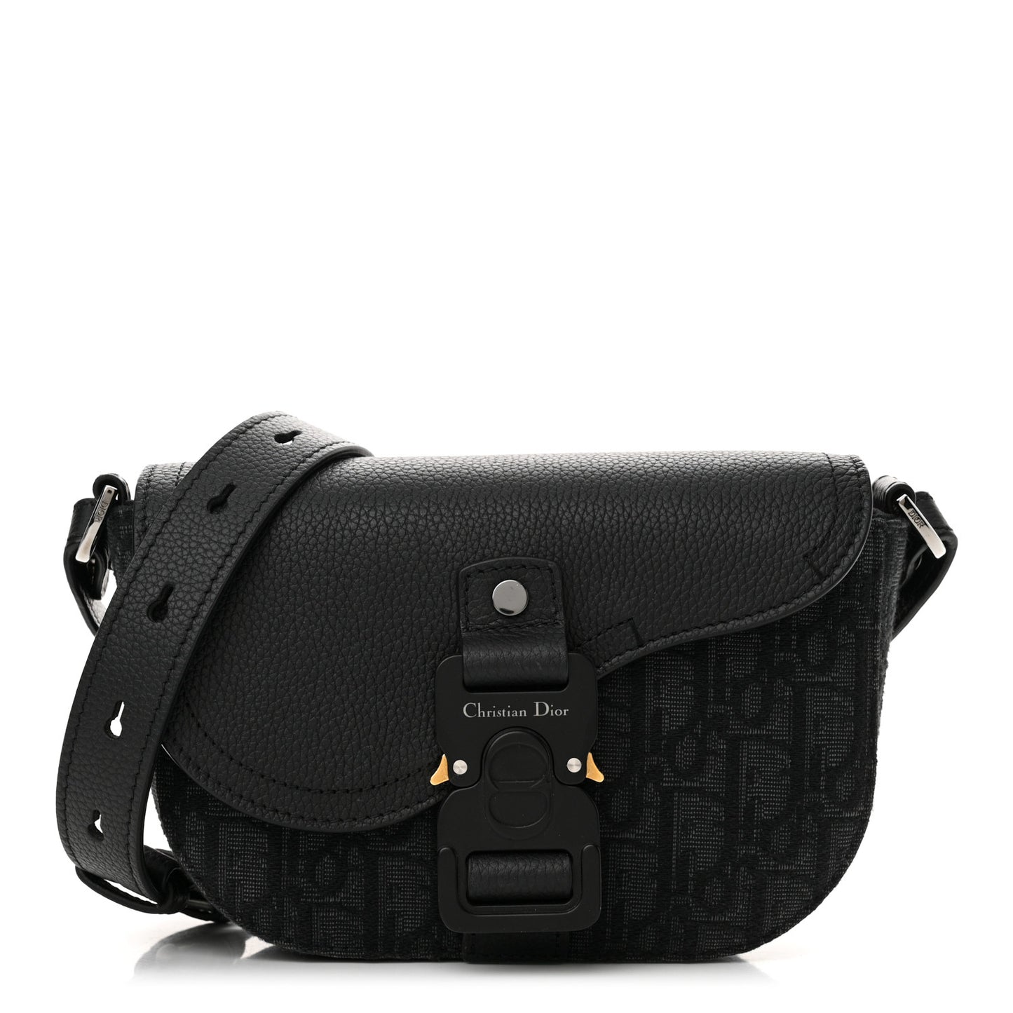 Oblique Jacquard Grained Calfskin Mini Saddle Messenger Bag With Flap Black