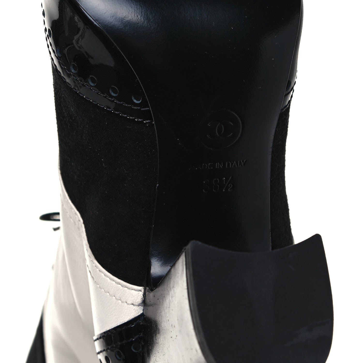 Chanel Kid Suede Lambskin Patent Calfskin Pearl Lace Up High Boots 38.5 Black Ecru 7 of 8