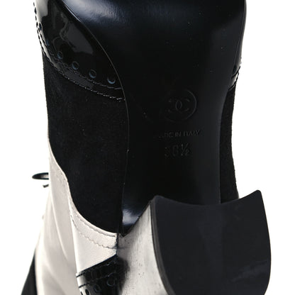 Chanel Kid Suede Lambskin Patent Calfskin Pearl Lace Up High Boots 38.5 Black Ecru 7 of 8