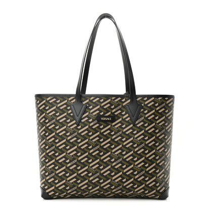 Versace Canvas Calfskin Monogram La Greca Medusa Tote Black Khaki 1 of 10