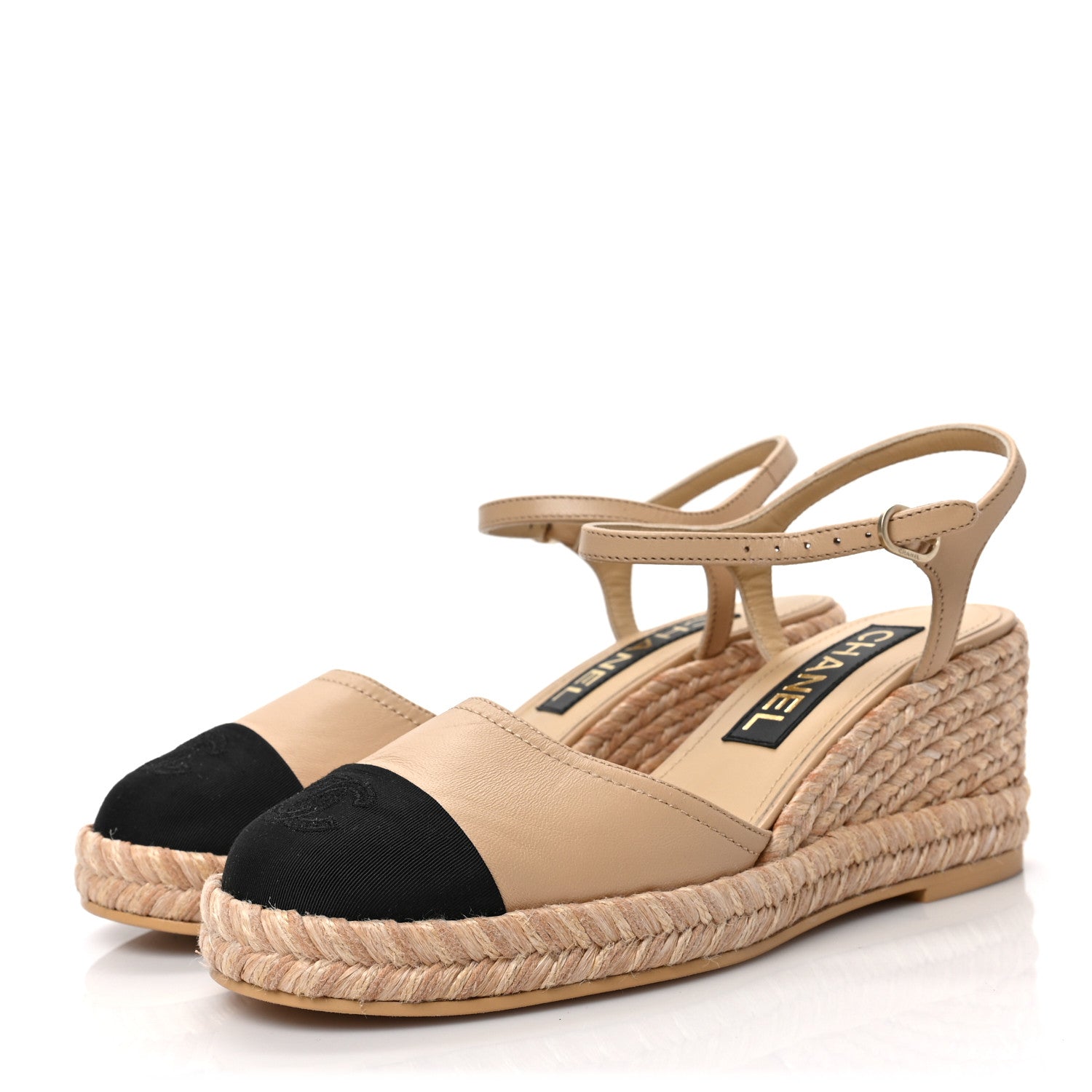 Chanel Lambskin Grosgrain CC Espadrilles Wedges 37 Beige Black 2 of 9
