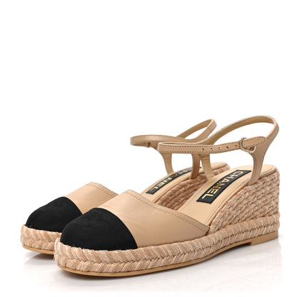Chanel Lambskin Grosgrain CC Espadrilles Wedges 37 Beige Black 2 of 9