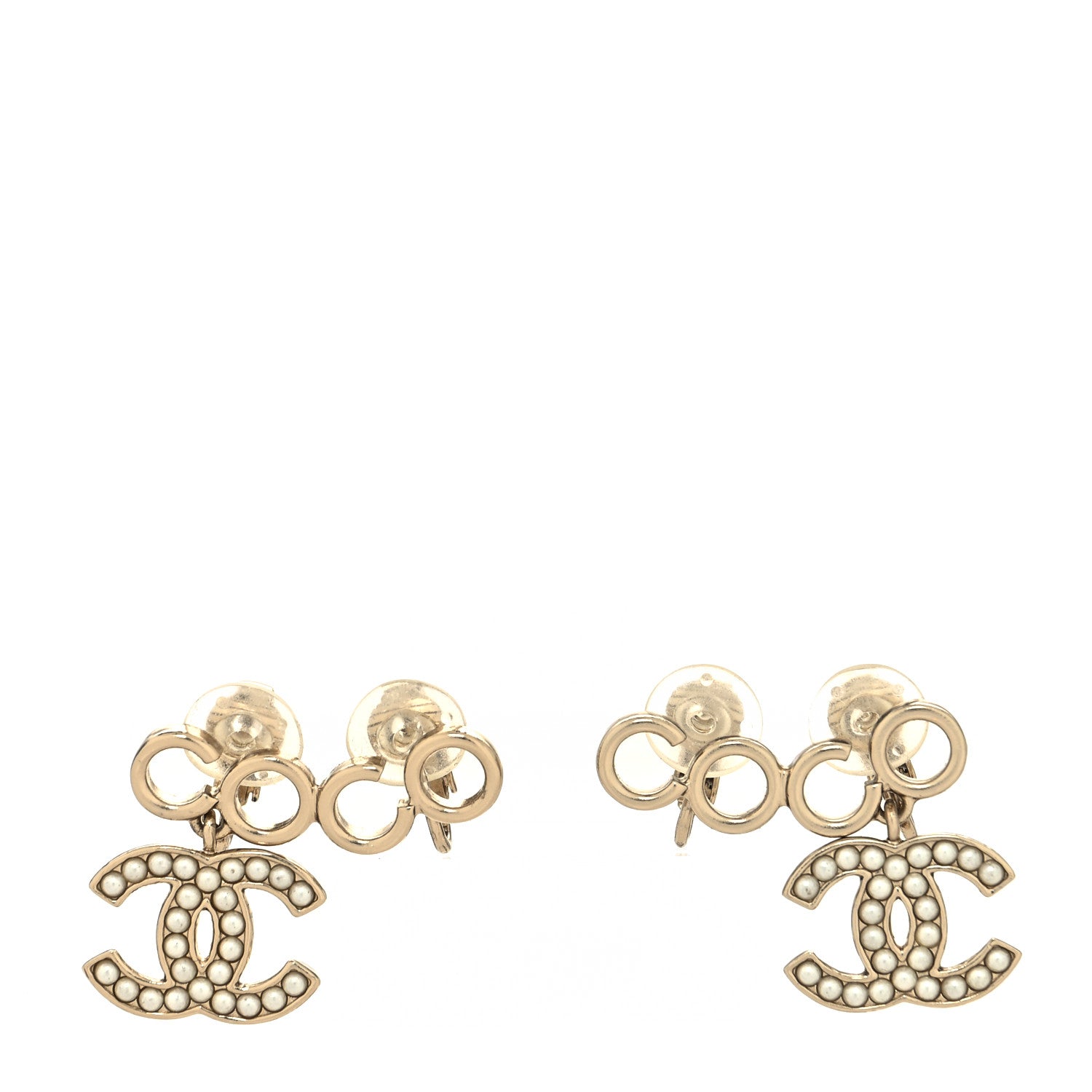 Chanel Metal Pearl CC Coco Climber Clip On Earrings Gold 1 of 4