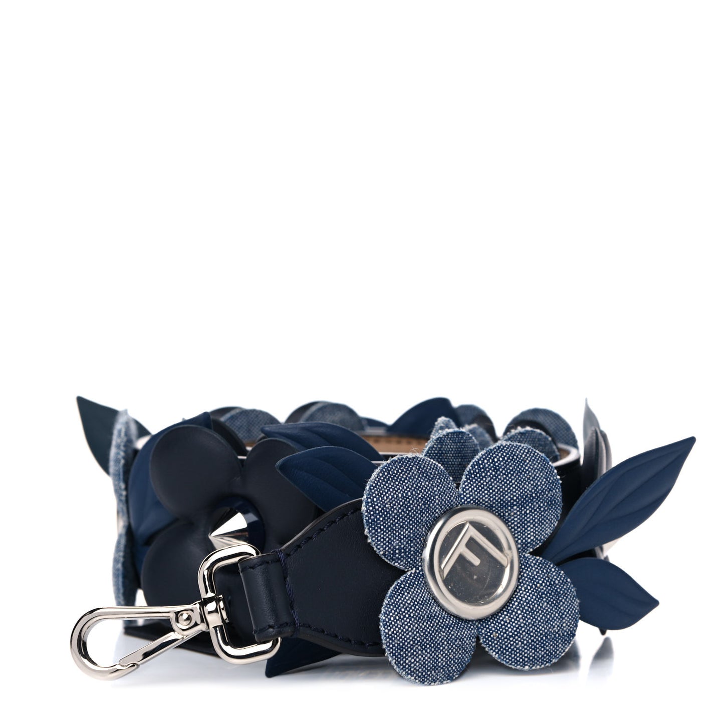 Vitello Century Denim F is Fendi Bi-Color Floral Studded Strap You Blue Notte Cuoio