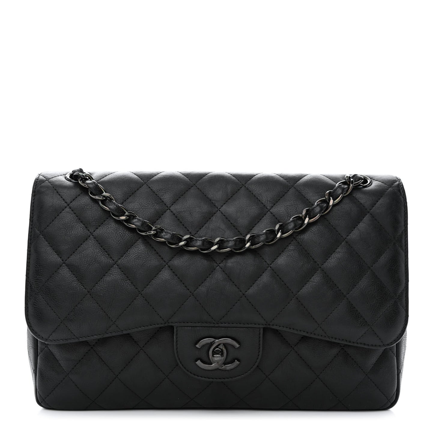 Crumpled Calfskin Quilted Jumbo Double Flap So Black
