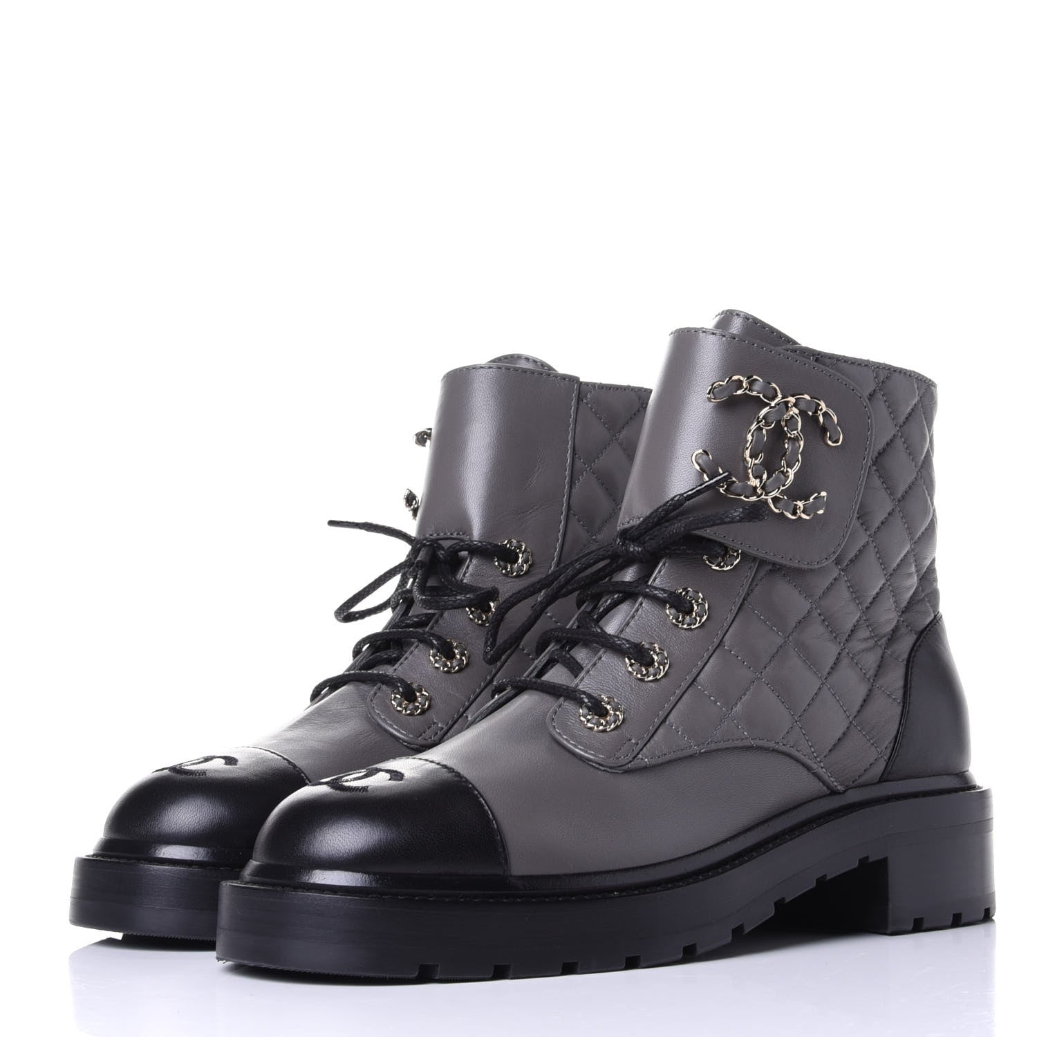 Chanel Shiny Lambskin Quilted Lace Up Combat Boots 38.5 Grey Black 3 of 11