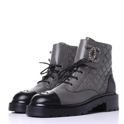 Chanel Shiny Lambskin Quilted Lace Up Combat Boots 38.5 Grey Black 3 of 11