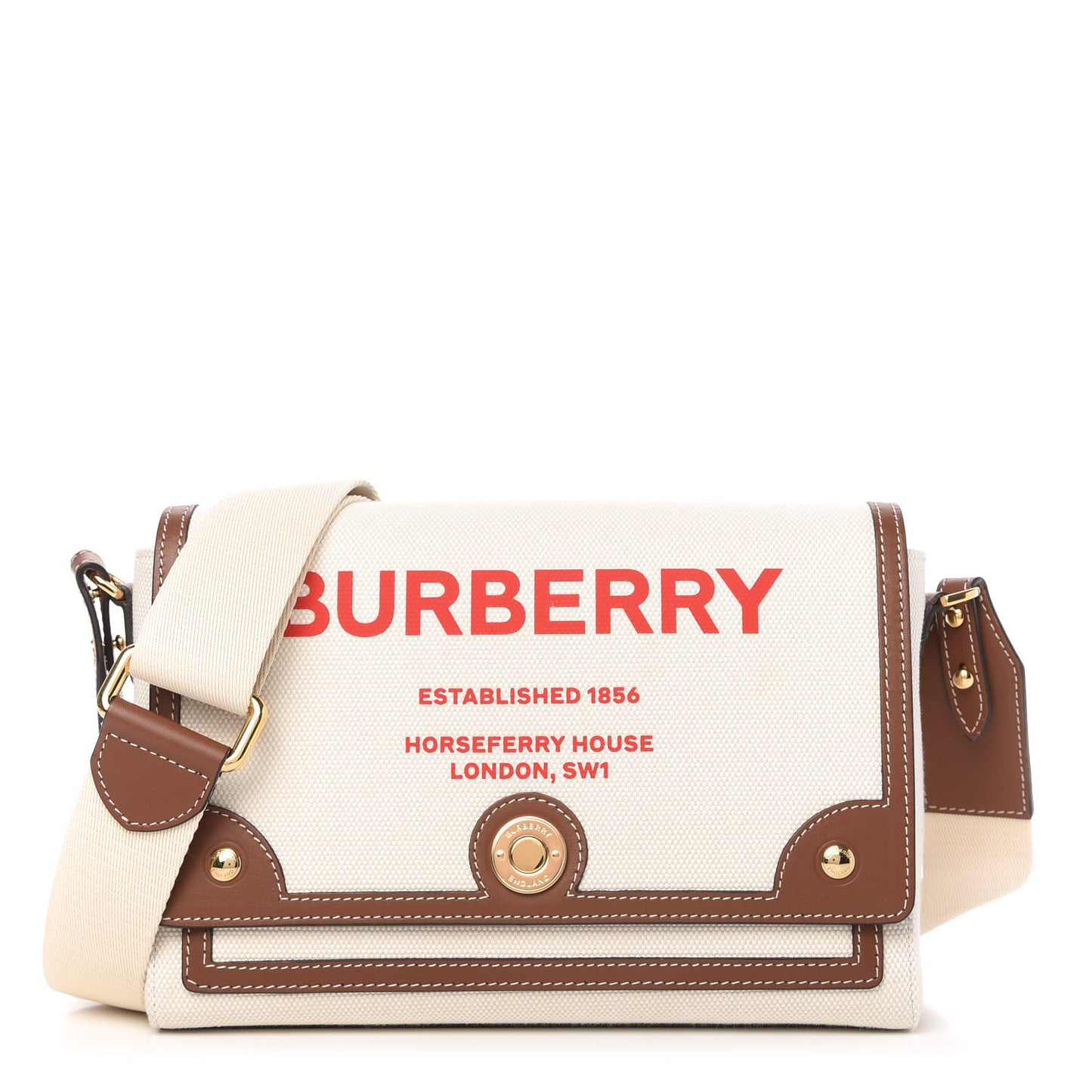 Canvas Horseferry Print Note Crossbody Bag Natural Tan Fiery Red