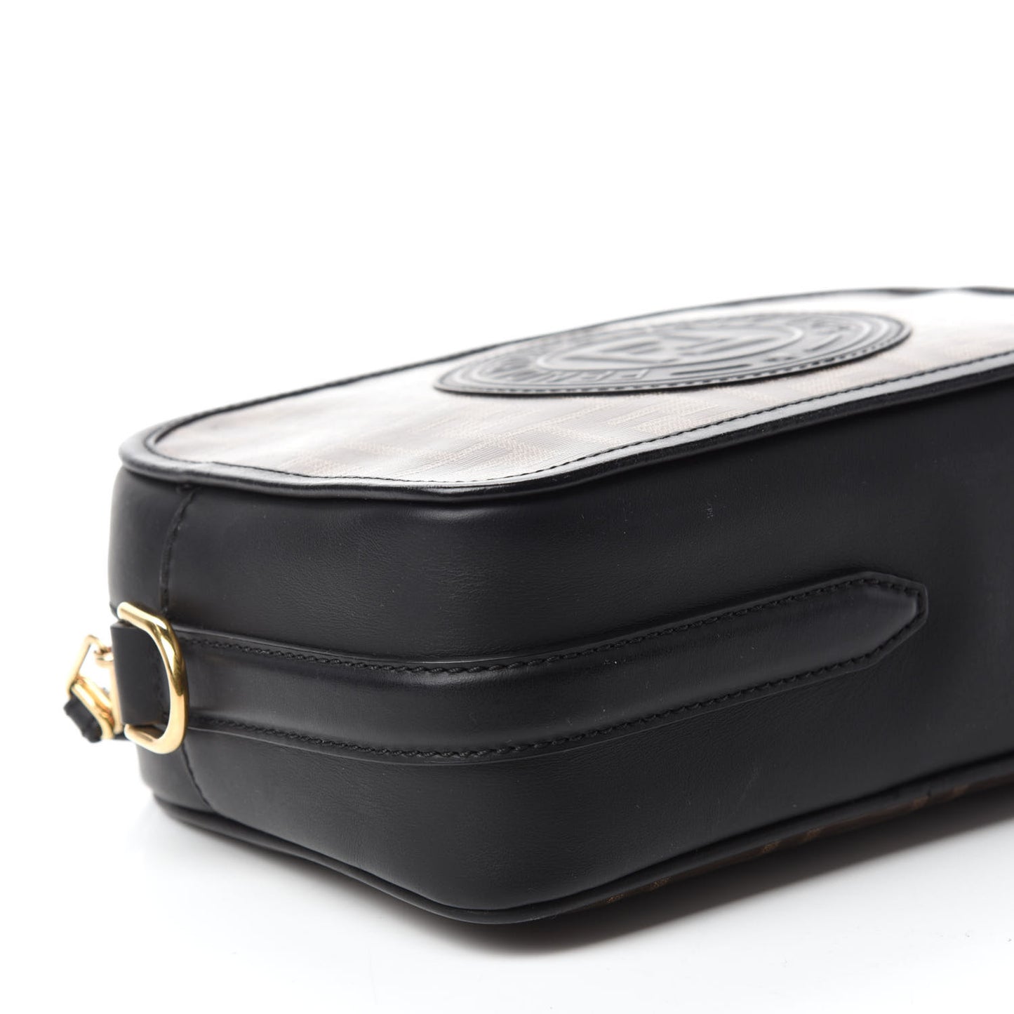 Glazed Fabric Vitello Century F is Fendi FF 1974 Stamp Patch Camera Case Mogano Panna Black
