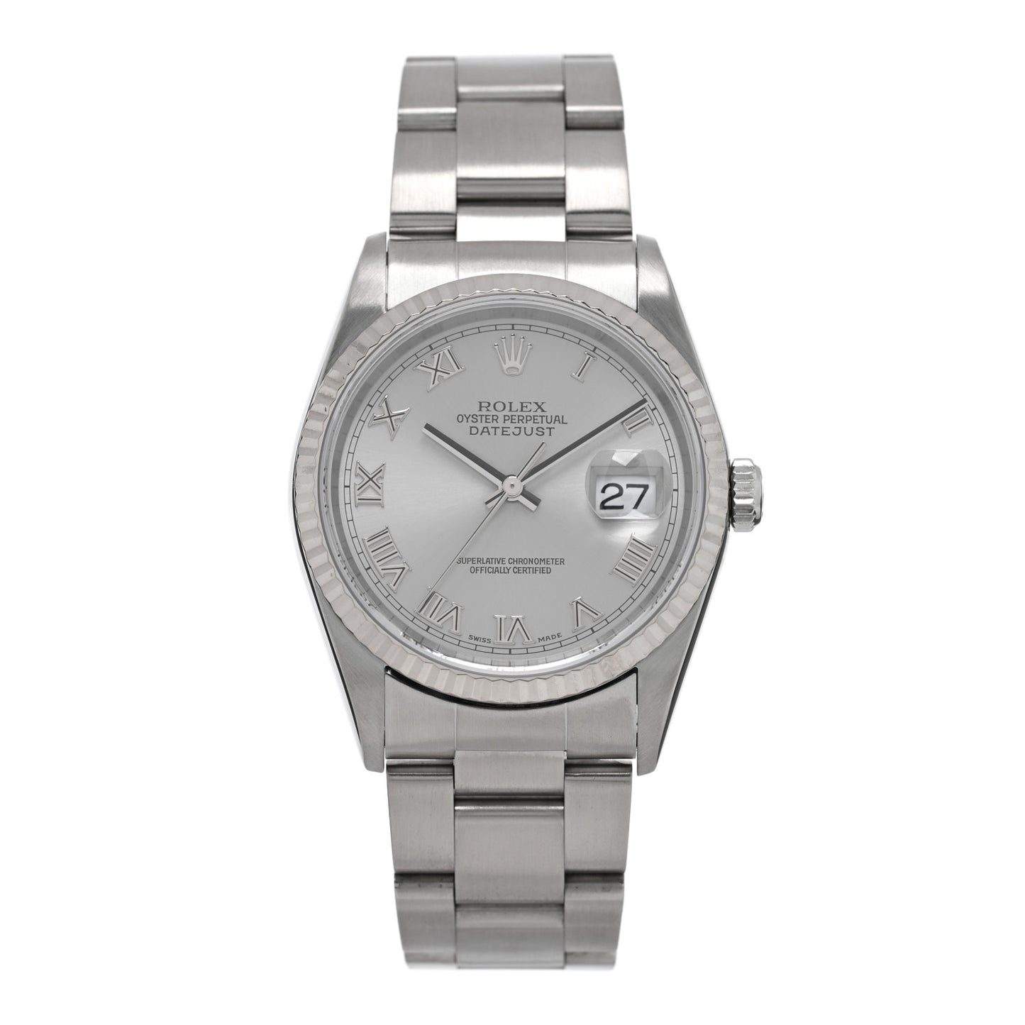 Stainless Steel 18K White Gold 36mm Oyster Perpetual Datejust Watch Silver Roman 16234