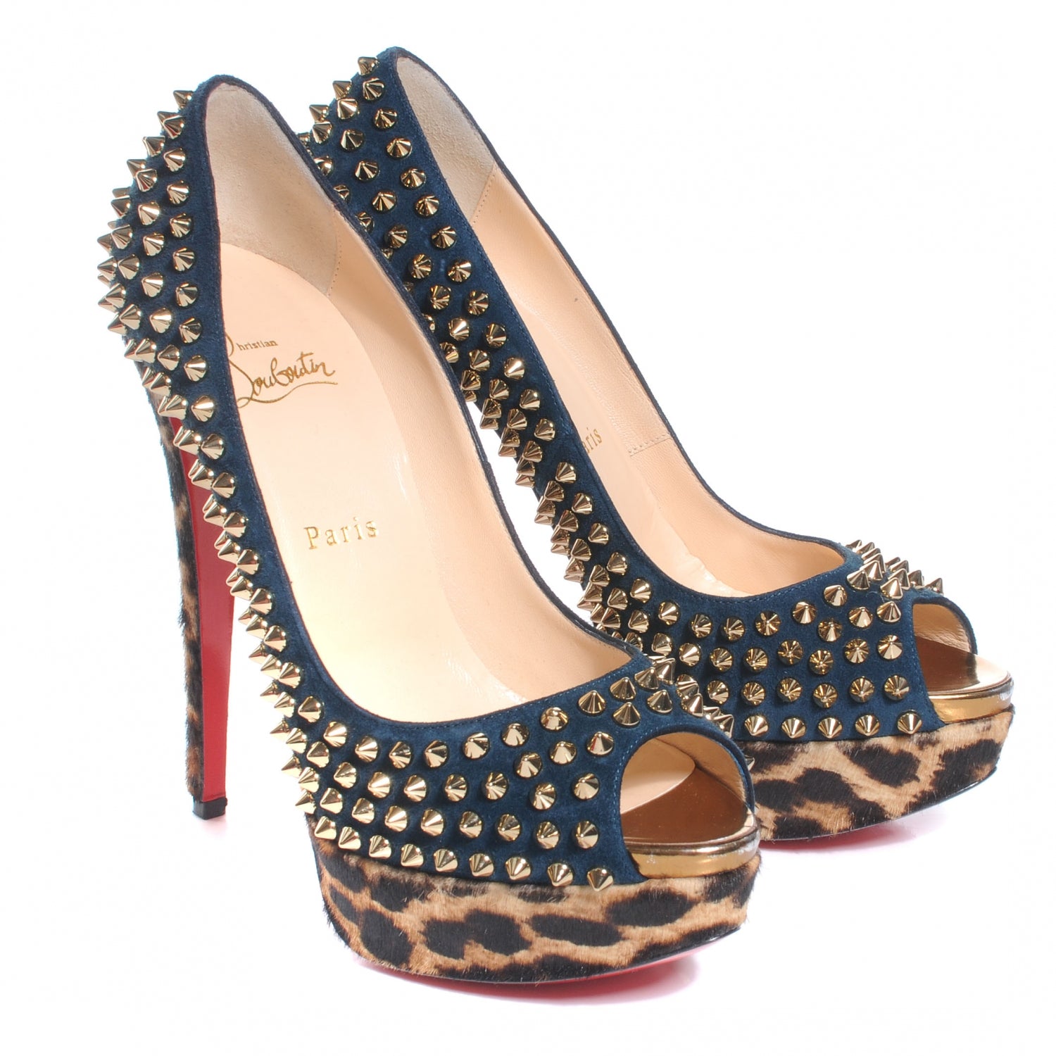 Christian Louboutin Veau Velours Calf Hair Leopard Lady Peep Spikes VIP 150 Pumps 38.5 Blue Khol Bronze 4 of 10