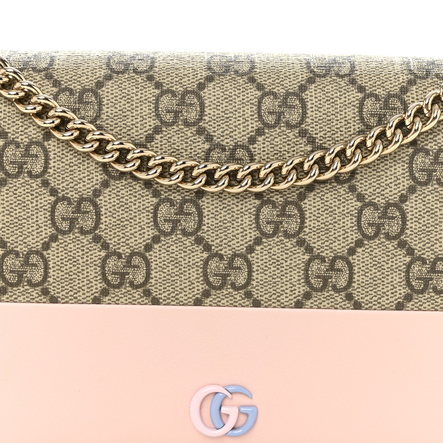 Gucci GG Supreme Monogram Textured Dollar Calfskin Mini GG Marmont Chain Wallet Light Pink Blue Beige 7 of 10