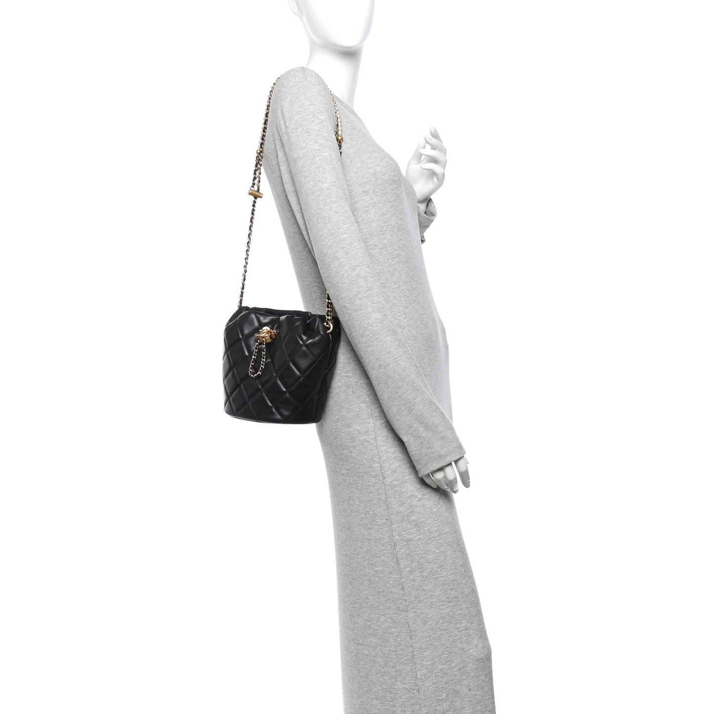 Lambskin Quilted My Perfect Chain Bucket Drawstring Bag Black