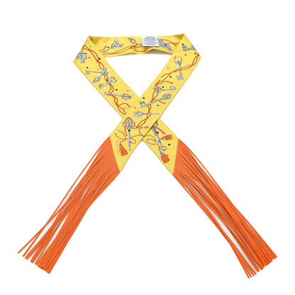 Hermes Silk Calfskin Les Cles A Pois Fringed Twilly Jaune Argent Orange Vif 1 of 3