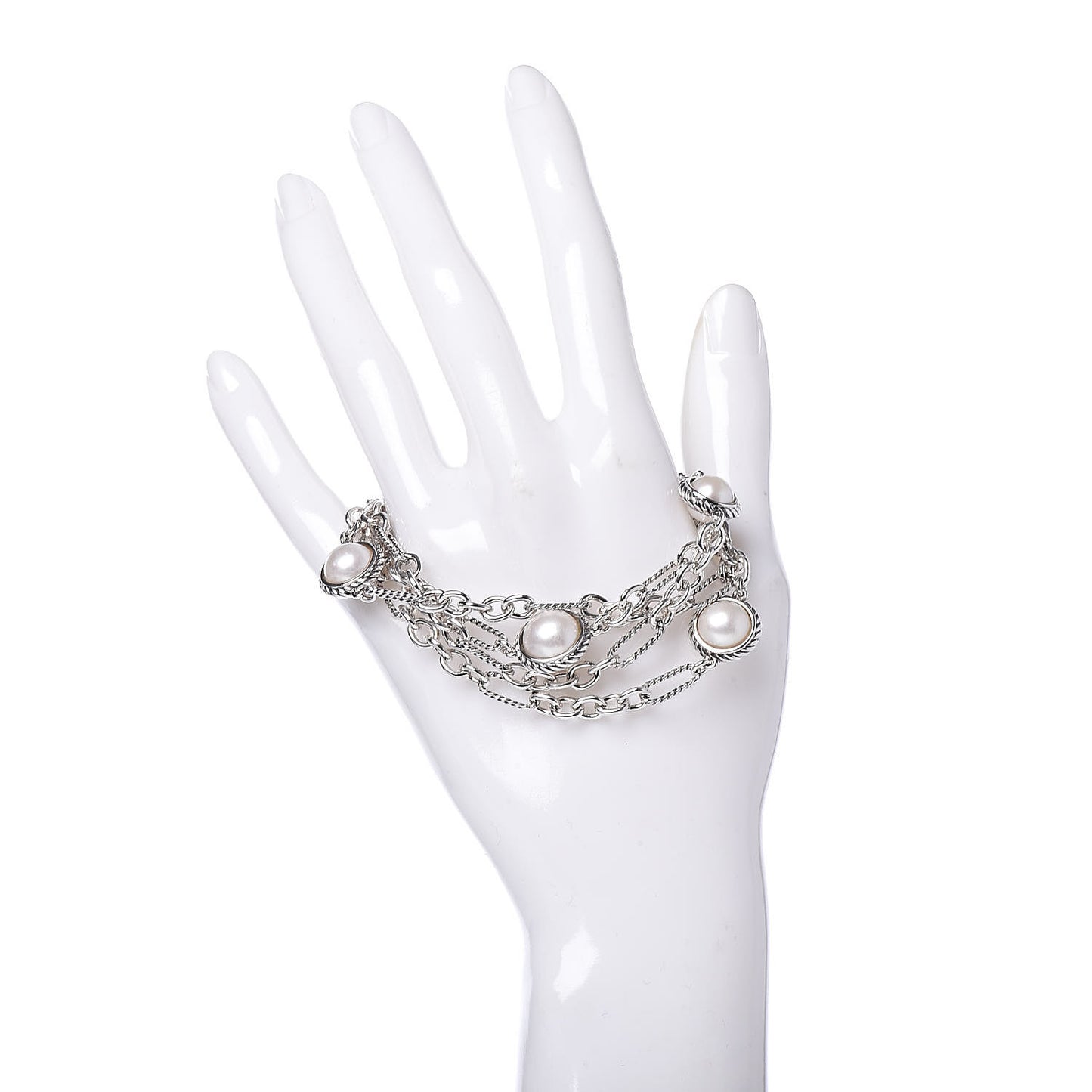 Sterling Silver 18K Yellow Gold Pearl Four Row Figaro Bracelet