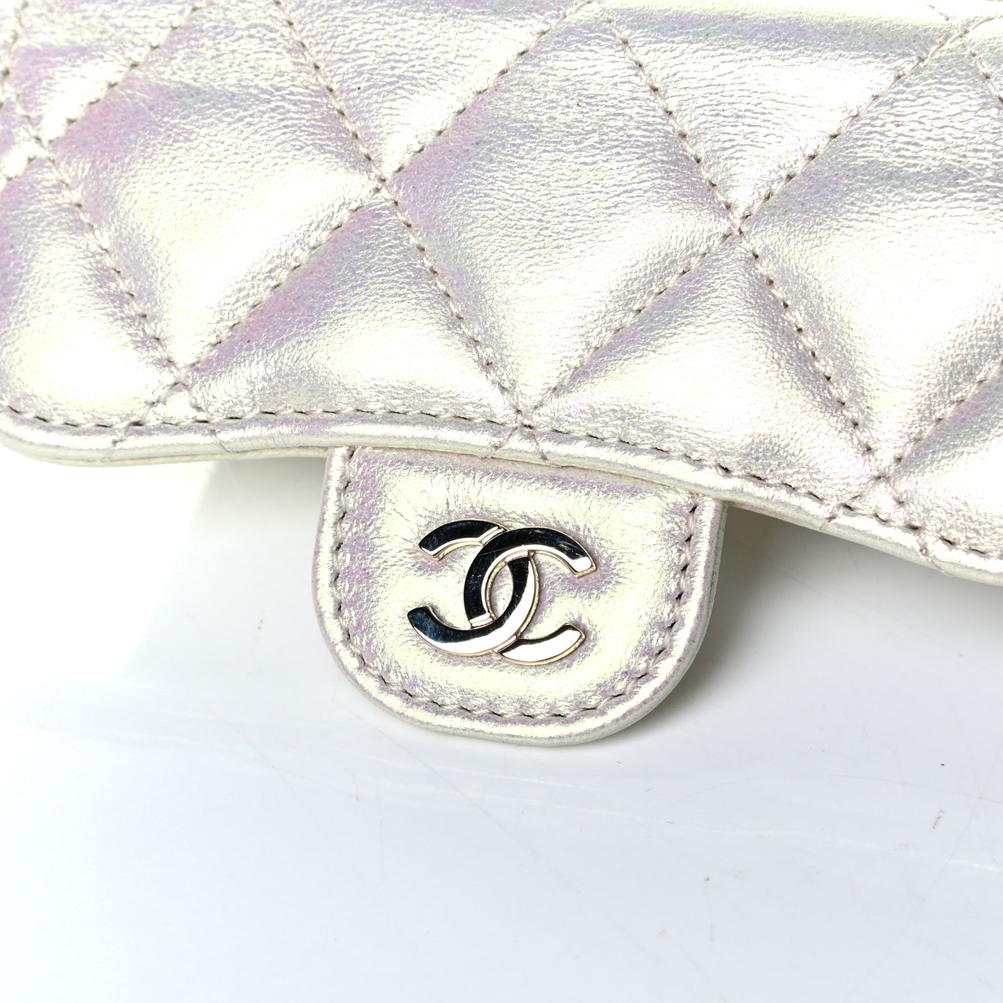 Iridescent Lambskin Quilted Flap Card Holder Wallet Ivory
