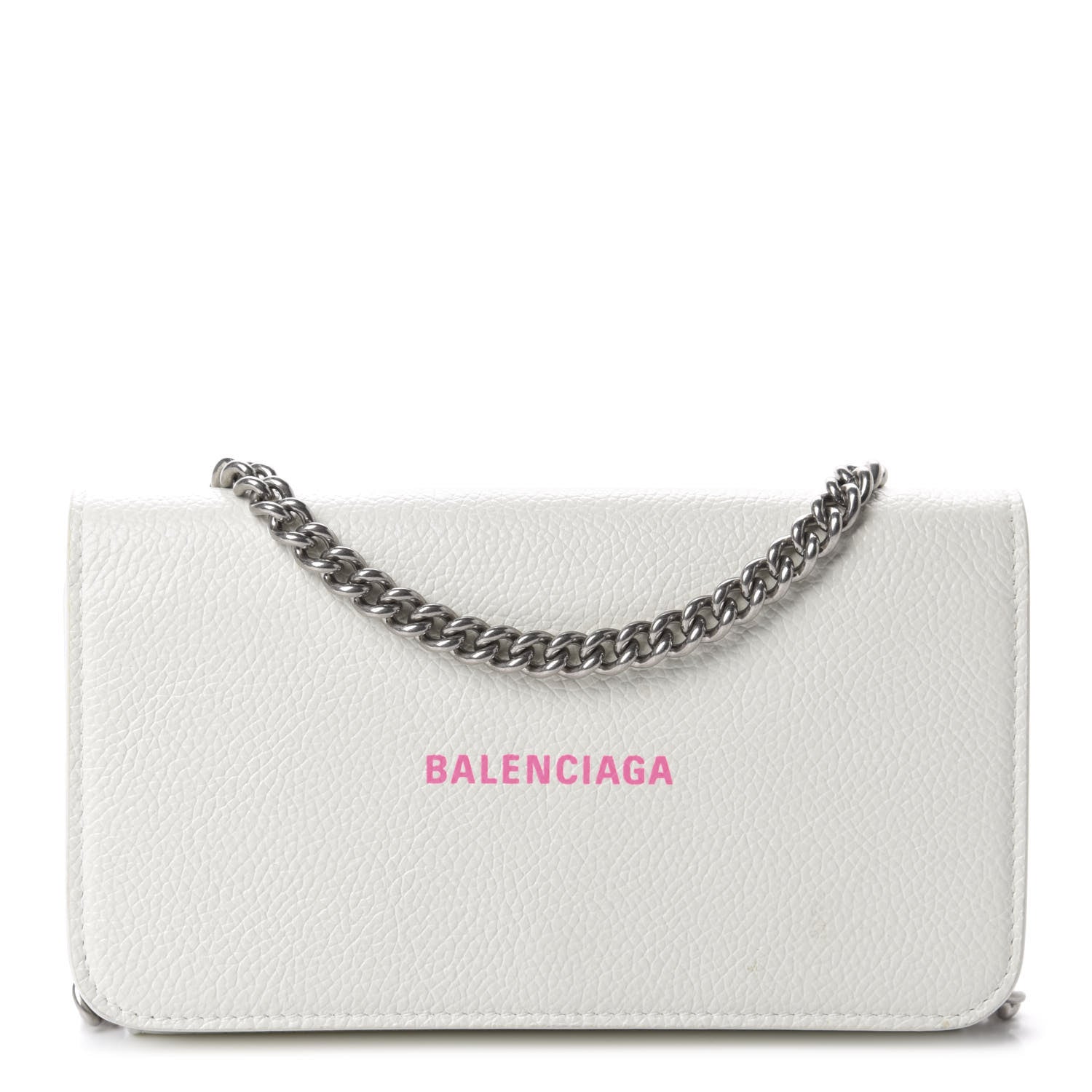 Balenciaga Grained Calfskin Logo Cash Phone Holder Wallet On Chain White Fluo Pink 1 of 12